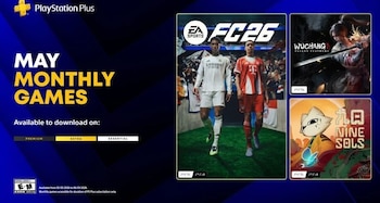 Gráfico de PlayStation Plus azul con las portadas de los juegos mensuales de mayo: EA Sports FC 26, Wuchang: Fallen Feathers y Nine Sols