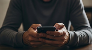 Primer plano de las manos de un hombre en suéter gris sosteniendo y usando un teléfono celular negro sobre una mesa de madera. El rostro no es visible.