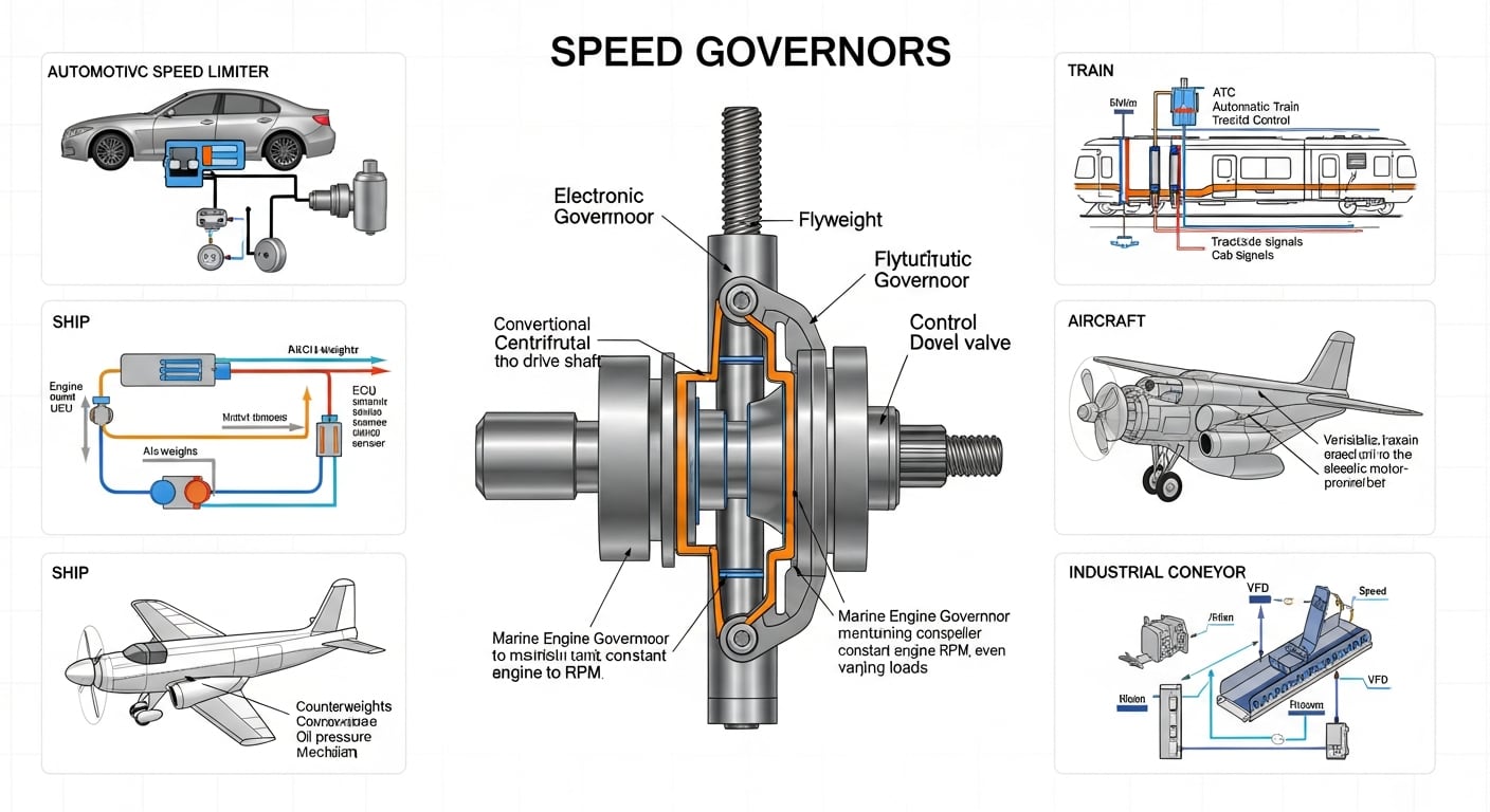 La imagen ilustra diversos sistemas de reguladores de velocidad, mostrando sus aplicaciones en automóviles, barcos, trenes, aeronaves y cintas transportadoras industriales para un control preciso y seguro del movimiento. (Imagen Ilustrativa Infobae)