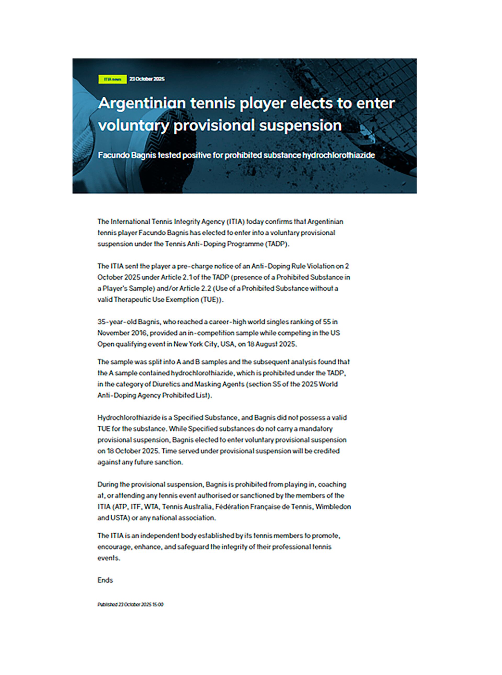 El comunicado de la ITIA tras suspender al argentino Facundo Bagnis