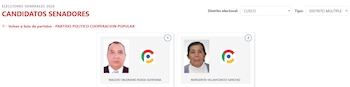 Captura de pantalla con la lista de candidatos al Senado por Cusco para 2026. Muestra fotos de Macedo Valeriano Rueda Quintana y Margarita Villavicencio Sanchez