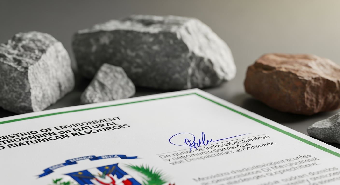 Un documento del Ministerio de Medio Ambiente y Recursos Naturales de República Dominicana ilustra los procesos regulatorios en el sector de la minería, rodeado de rocas y minerales. (Imagen Ilustrativa Infobae)