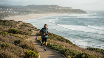 Hombre con auriculares corriendo por un sendero de tierra a lo largo de una costa, con el mar y una playa arenosa en el fondo, bajo un cielo nublado.