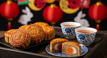 Una bandeja de madera oscura contiene mooncakes chinos con patrones, uno cortado muestra relleno de cerdo y yema. Al fondo, tazas de té, linternas rojas y decoración lunar.