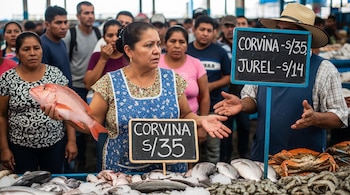 Mujer con delantal azul sujeta corvina roja en puesto de mercado, con carteles mostrando precios de corvina y jurel. Hay otros mariscos y gente.