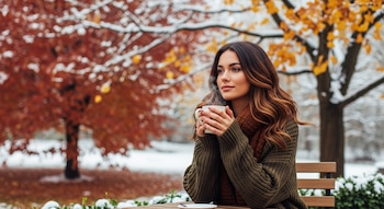 Mujer joven con suéter verde y bufanda marrón, sosteniendo una taza humeante en un paisaje nevado con árboles de hojas otoñales.