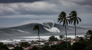 Grandes ondas quebrando em uma praia tropical com prédios, barcos e palmeiras em primeiro plano, sob um céu nublado e tempestuoso.