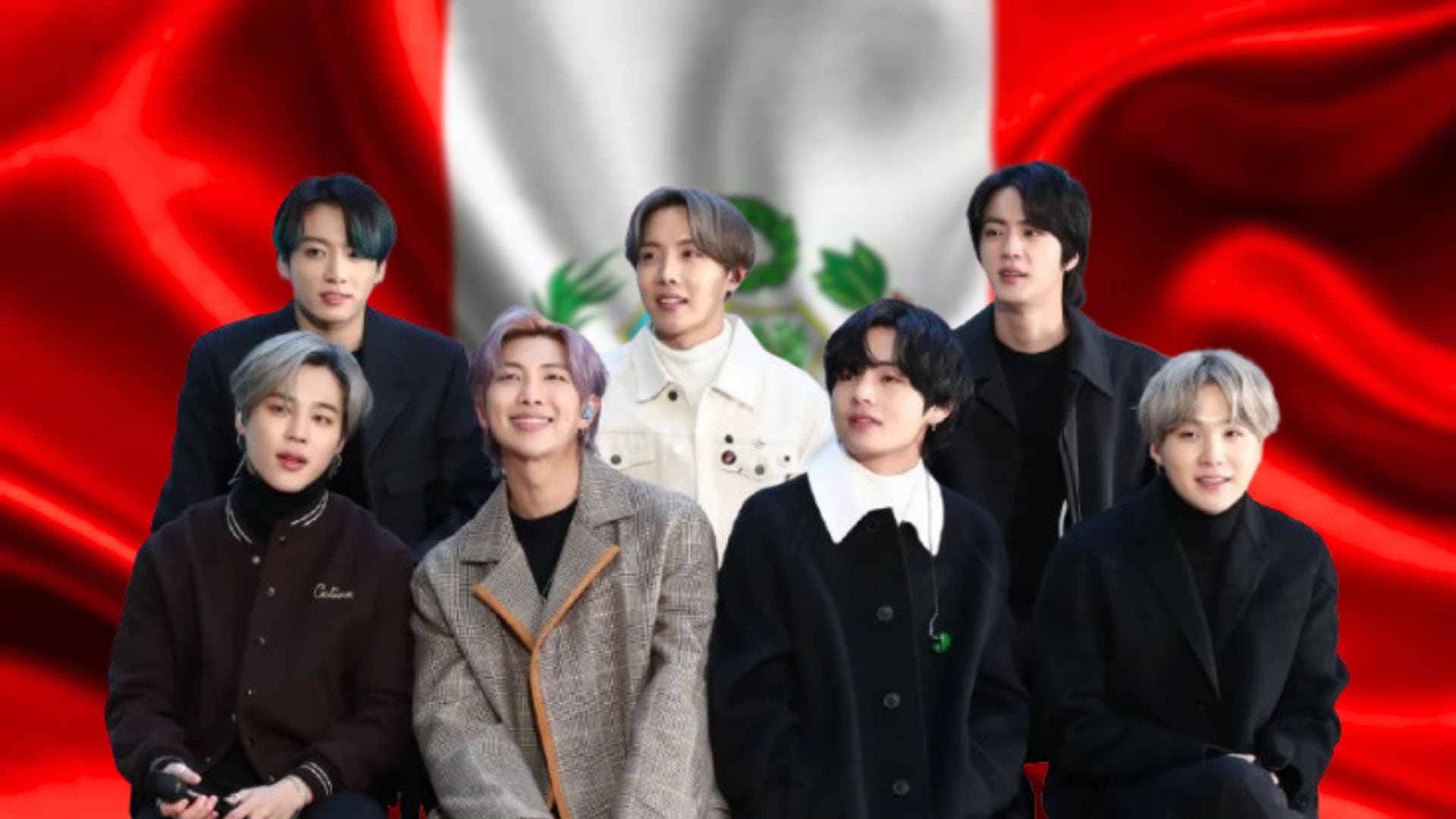 La banda surcoreana BTS frente a la bandera de Perú, anticipando la venta de entradas para sus tres esperados shows en el estadio San Marcos de Lima.