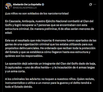 El presidente Abelardo de la Espriella se pronunció tras la operación militar en Caucasia, Antioquia, que dejó la muerte de alias Niche y el rescate de siete personas - crédito @ABDELAESPRIELLA / X