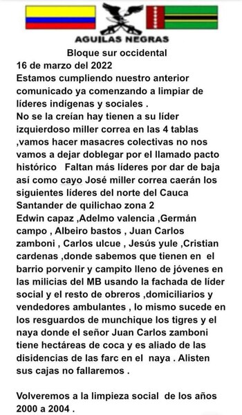 Panfleto amenazante en contra de