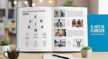 Un libro abierto exhibe el modelo PERMA de psicología positiva con textos e ilustraciones; al lado, un libro azul y una taza de café en un escritorio.