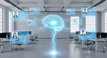 Cerebro digital azul brillante con la sigla IA conectado a pantallas flotantes que muestran perfiles de candidatos en una oficina moderna con escritorios y sillas.