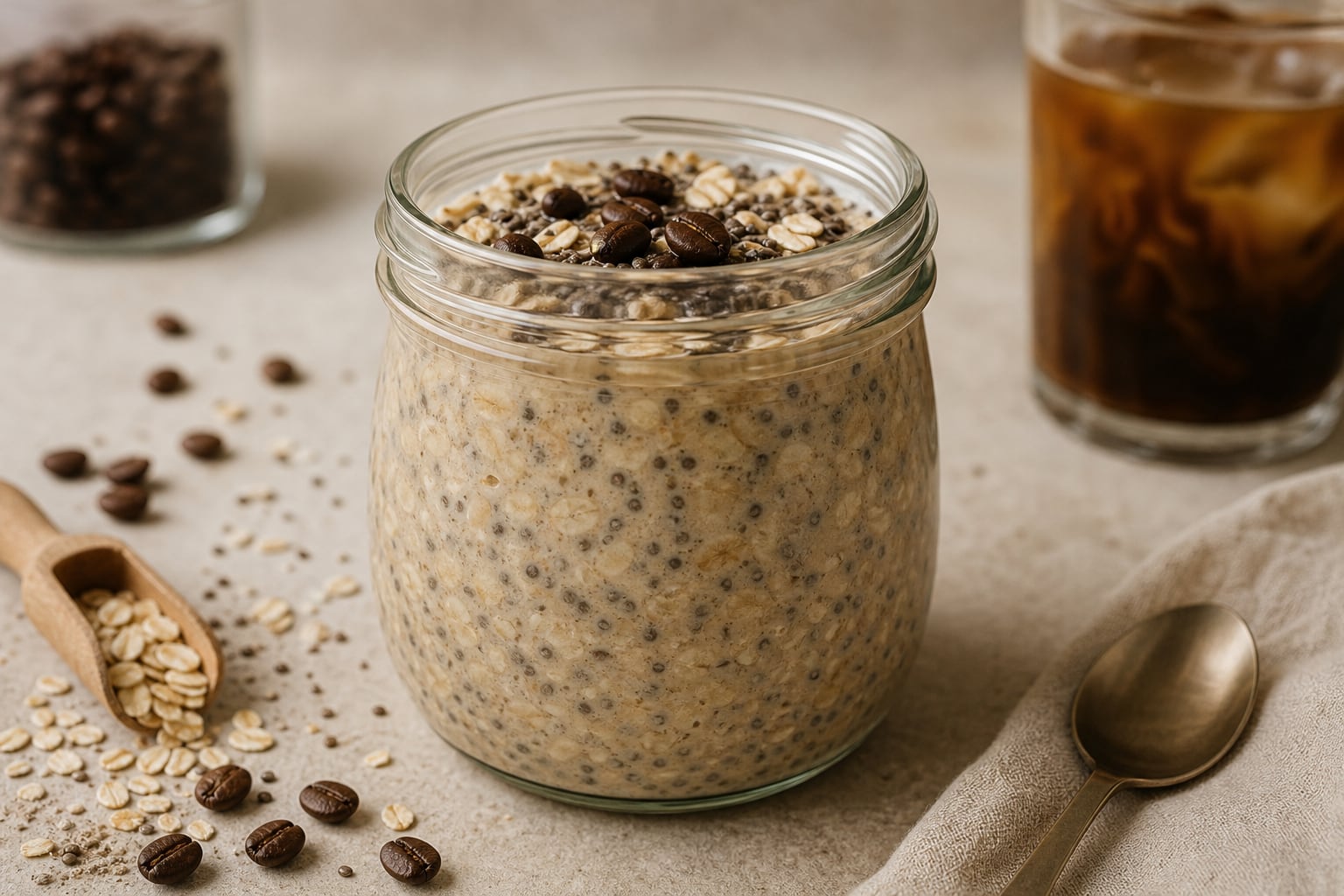 Un frasco de vidrio contiene una preparación fría de avena con semillas de chía y café junto a un vaso de café helado sobre una mesa. (Imagen Ilustrativa Infobae)