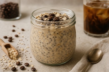 Un frasco con avena y chía decorado con granos de café, junto a un vaso con café helado, una cuchara de metal y copos de avena sobre una mesa.