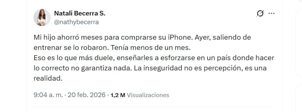 La mamá compartió el testimonio del robo a su hijo en redes sociales el viernes 20 de febrero de 2026 - crédito @nathybecerra/X