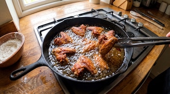 Alitas de pollo doradas en una sartén con aceite caliente, sujetadas por unas pinzas metálicas sobre una estufa.