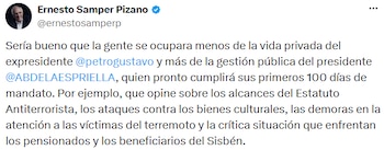 Ernesto Samper cuestionó la gestión del Gobierno en asuntos como seguridad, el Estatuto Antiterrorista y la atención a víctimas del terremoto. - crédito @ernestosamperp/X