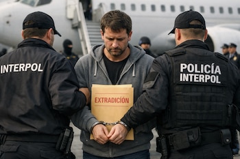 Hombre esposado con una carpeta "EXTRADICIÓN" es escoltado por dos agentes de INTERPOL con uniformes oscuros, contra un fondo de avión en un aeropuerto.