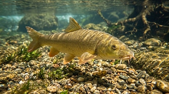 Un pez barbo nada sobre un lecho de piedras en un río con agua clara y vegetación acuática.