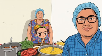 Ilustración de una mujer mayor y un hombre joven con gorros de higiene azules, junto a una mesa con ollas y cuencos con comida preparada.