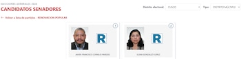 Captura de pantalla de una plataforma electoral digital mostrando a dos candidatos al Senado para Cusco, un hombre y una mujer, con sus fotos y nombres