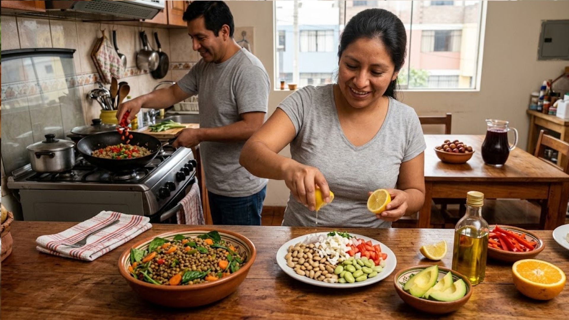 Una mujer exprime un limón sobre un plato con legumbres mientras un hombre cocina verduras en una sartén al fondo de la estancia. (Imagen Ilustrativa Infobae)