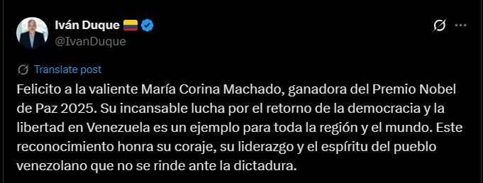 Iván Duque sobre María Carolina Machado - crédito captura de pantalla / X
