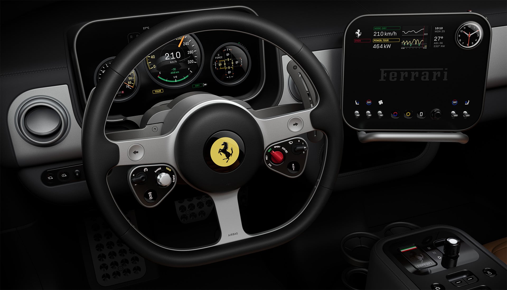 Un primer plano revela el volante multifunción, el panel de instrumentos digital y la pantalla multimedia direccionable del Ferrari Luce. (Ferrari Spa)