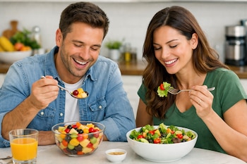Un hombre y una mujer sonríen mientras comen en una mesa. El hombre come ensalada de frutas de un bol, la mujer come ensalada de verduras de otro bol. Hay un vaso de zumo de naranja y un recipiente de aderezo.