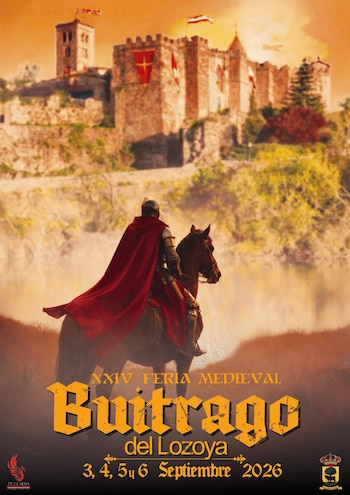 Un caballero con un el castillo del pueblo de fondo y letras que especifican la fecha de la feria.