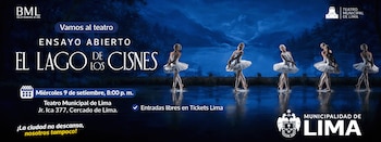 Afiche azul publicitario de un ensayo abierto de ballet con cinco bailarinas en escena e información sobre la fecha y la ubicación