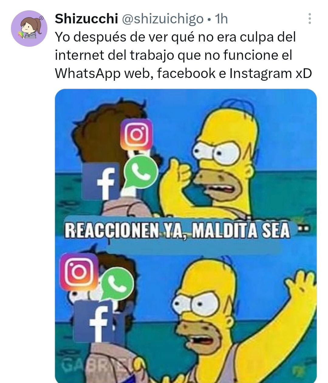 La frustración por la caída global de los servicios de Meta, incluyendo Facebook, Instagram y WhatsApp, se viralizó en la plataforma X a través de memes como este protagonizado por Homer Simpson. (X)
