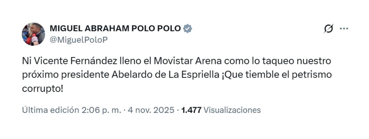 Miguel Polo Polo comparó a cantantes mexicanos en el aforo de su evento en el Movistar Arena con la conferencia de Abelardo de la Espriella - crédito @MiguelPoloP/X