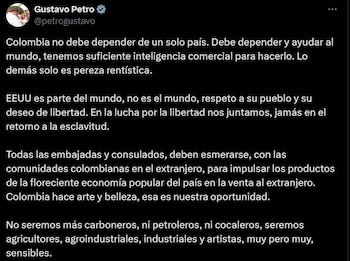Trino de Gustavo Petro en respuesta a María Claudia Lacouture - crédito @petrogustavo/x