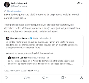 El excomandante de las Farc afirmó que la divulgación de las audiencias busca “sabotear la verdad judicial, el proceso restaurativo, los derechos de las víctimas y poner en riesgo la seguridad jurídica de los comparecientes” - crédito @TimoComunes/X