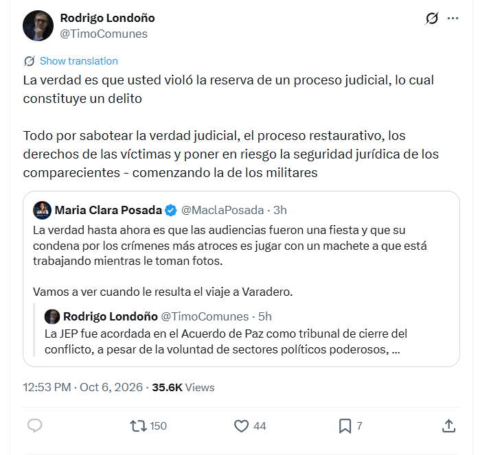El excomandante de las Farc afirmó que la divulgación de las audiencias busca “sabotear la verdad judicial, el proceso restaurativo, los derechos de las víctimas y poner en riesgo la seguridad jurídica de los comparecientes” - crédito @TimoComunes/X