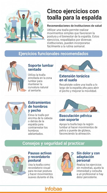 Infografía con ilustraciones de personas que realizan ejercicios funcionales con toalla para la espalda y el pecho, junto a recomendaciones posturales.