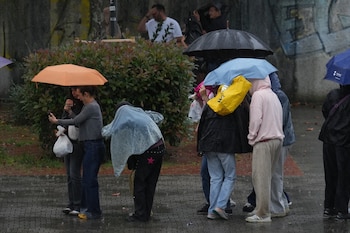 Varias personas hacen cola, bajo la lluvia.