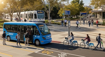 Imagen de un campus universitario soleado con estudiantes que usan un autobús azul UC Transit, un tren ligero UC Express, bicicletas y patinetes eléctricos.