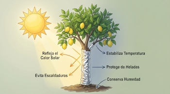 Ilustración de un limonero con limones, hojas verdes y tronco con papel aluminio. El sol visible. Flechas y texto explican cómo el aluminio protege del clima.