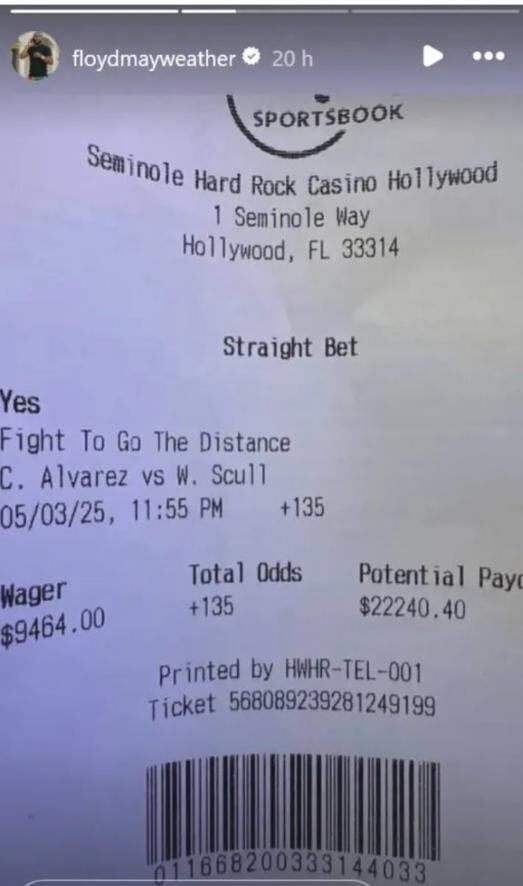 A través de sus redes sociales, “Money” compartió una foto donde se puede observar que apostó 9, 464 dólares a favor del pugilista jalisciense sobre William Scull (Captura de pantalla)