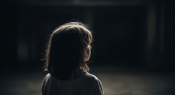 Vista trasera de una niña con cabello claro y hombros visibles, de pie frente a un fondo negro que se difumina.