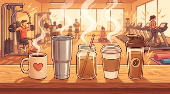 Cinco recipientes de café, algunos humeantes, sobre una mesada de madera. Al fondo, personas se ejercitan en un gimnasio con máquinas.