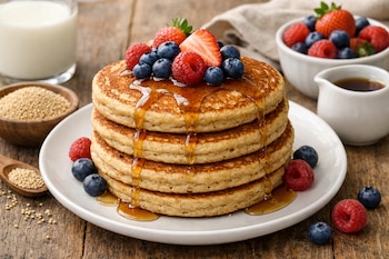 Pila de cinco hot cakes cubiertos con sirope, fresas, arándanos y frambuesas. Hay un vaso de leche, un cuenco de frutos rojos y semillas de amaranto.