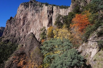 Gran acantilado rocoso, árboles con follaje verde, amarillo y naranja, cielo azul claro