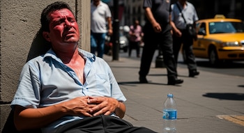 Hombre mexicano con rostro y cuello enrojecidos se sienta en la acera junto a una pared, con una botella de agua. Personas y un taxi amarillo en el fondo borroso.