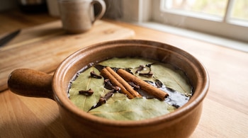 Una olla de cerámica con agua caliente, seis hojas de laurel, dos ramas de canela y ocho clavos de olor, sobre una encimera de madera con vapor.