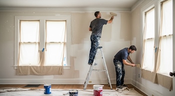 Dos hombres pintan las paredes interiores de una habitación; uno sobre una escalera y el otro en el suelo. Hay cubos de pintura y lonas protectoras.
