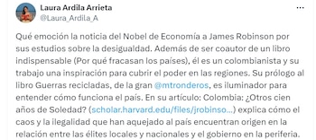 Laura Ardila Arrieta, autora de La Costa Nostra, calificó a James A. Robinson como un colombianista - crédito X