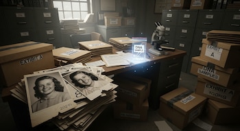 Oficina policial con archivadores, cajas de pruebas, documentos, fotos de una adolescente y una muestra de ADN brillante sobre el escritorio.